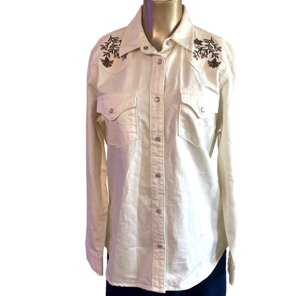 NWT Vintage Threads L  by Como Embroidered Western Denim Snap Front Shirt Cream